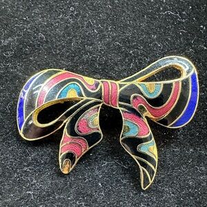 Cloisonne Vtge. Colorful Enamel Bow Brooch